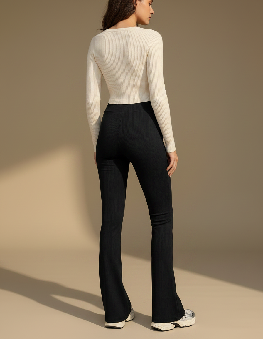 Pantalon Patte D'Éléphant Noir Côtelé Taille Haute Ajusté - Maille - vue 2