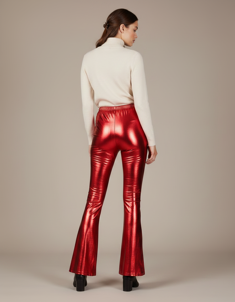 Pantalon Patte D'Éléphant Rouge Métallisé Brillant Évasé Disco - Polyester - vue 2