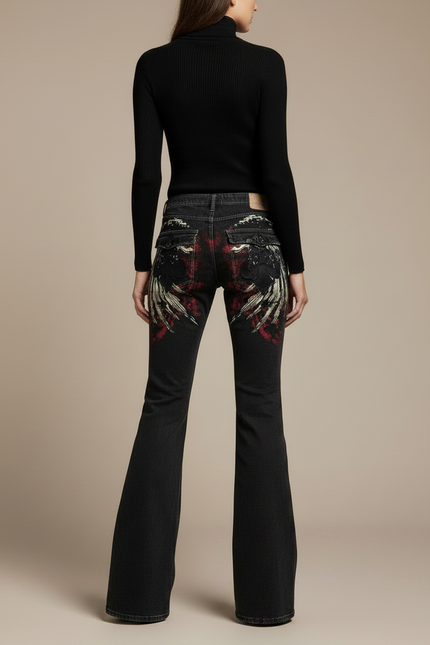 Pantalon Patte D'Éléphant Noir Imprimé Gothique Vintage Ample - Jean - vue 2