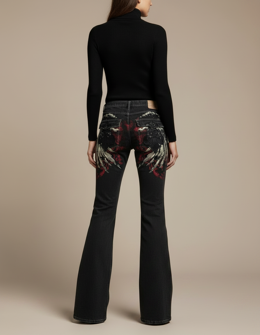 Pantalon Patte D'Éléphant Noir Imprimé Gothique Vintage Ample - Jean - vue 2
