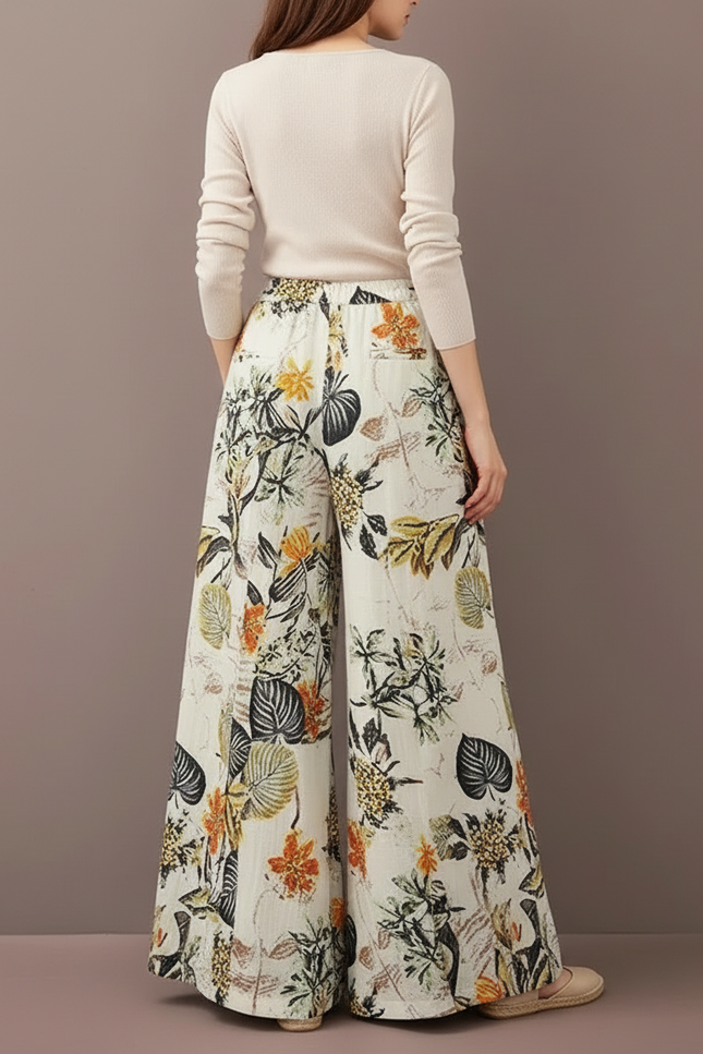 Pantalon Patte D'Éléphant Fluide Imprimé Floral Bohème Décontracté - Lin - vue 2