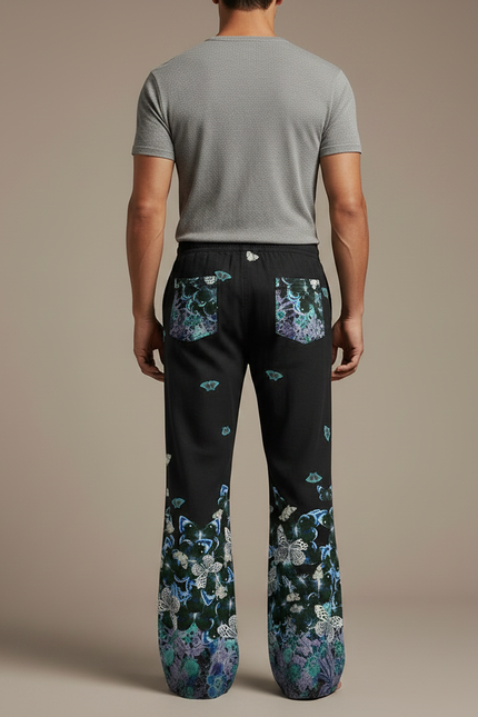 Pantalon Patte D'Éléphant Noir Papillons Floraux Ample Homme - Lin - vue 2