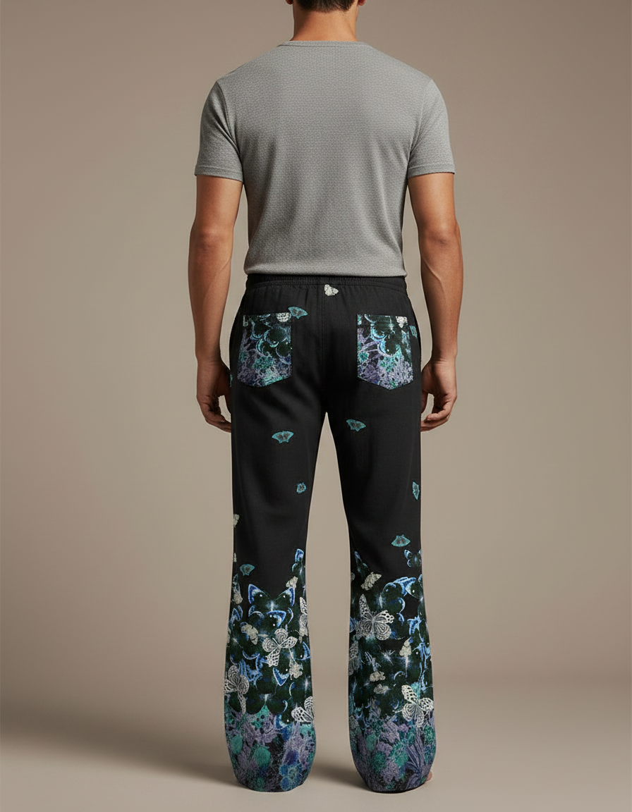 Pantalon Patte D'Éléphant Noir Papillons Floraux Ample Homme - Lin - vue 2