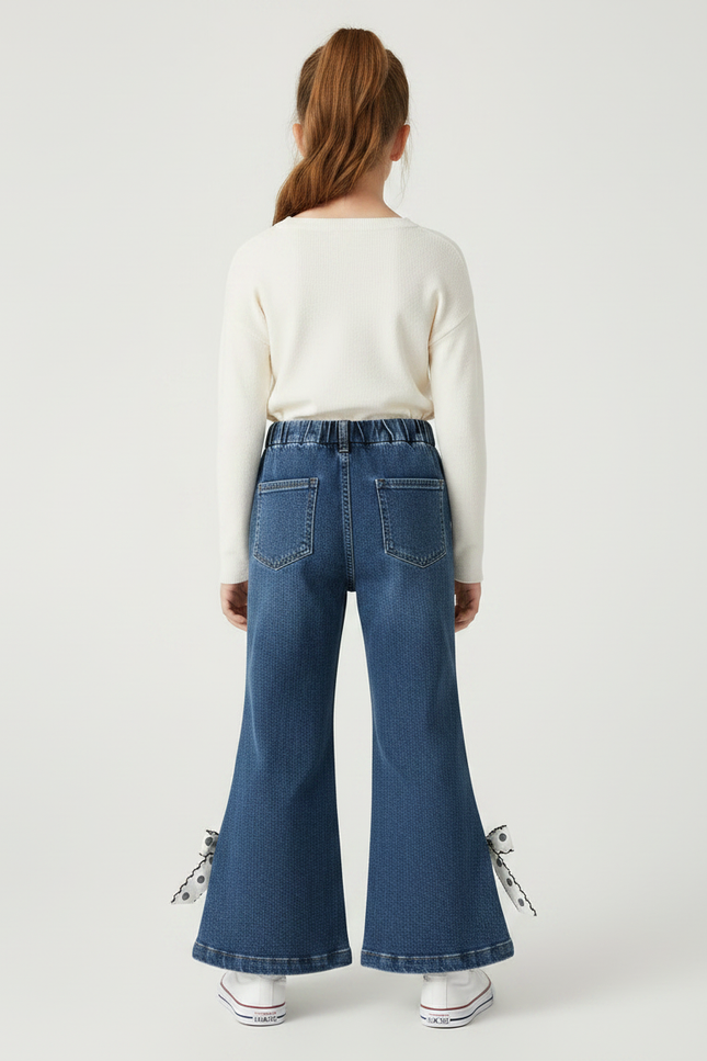 Pantalon Patte D'Éléphant Denim Évasé Nœuds Pois Fille - Bleu Jean - vue 2