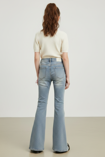 Pantalon Patte D'Éléphant Jean Évasé Lacets Roses Y2K - Bleu - vue 2