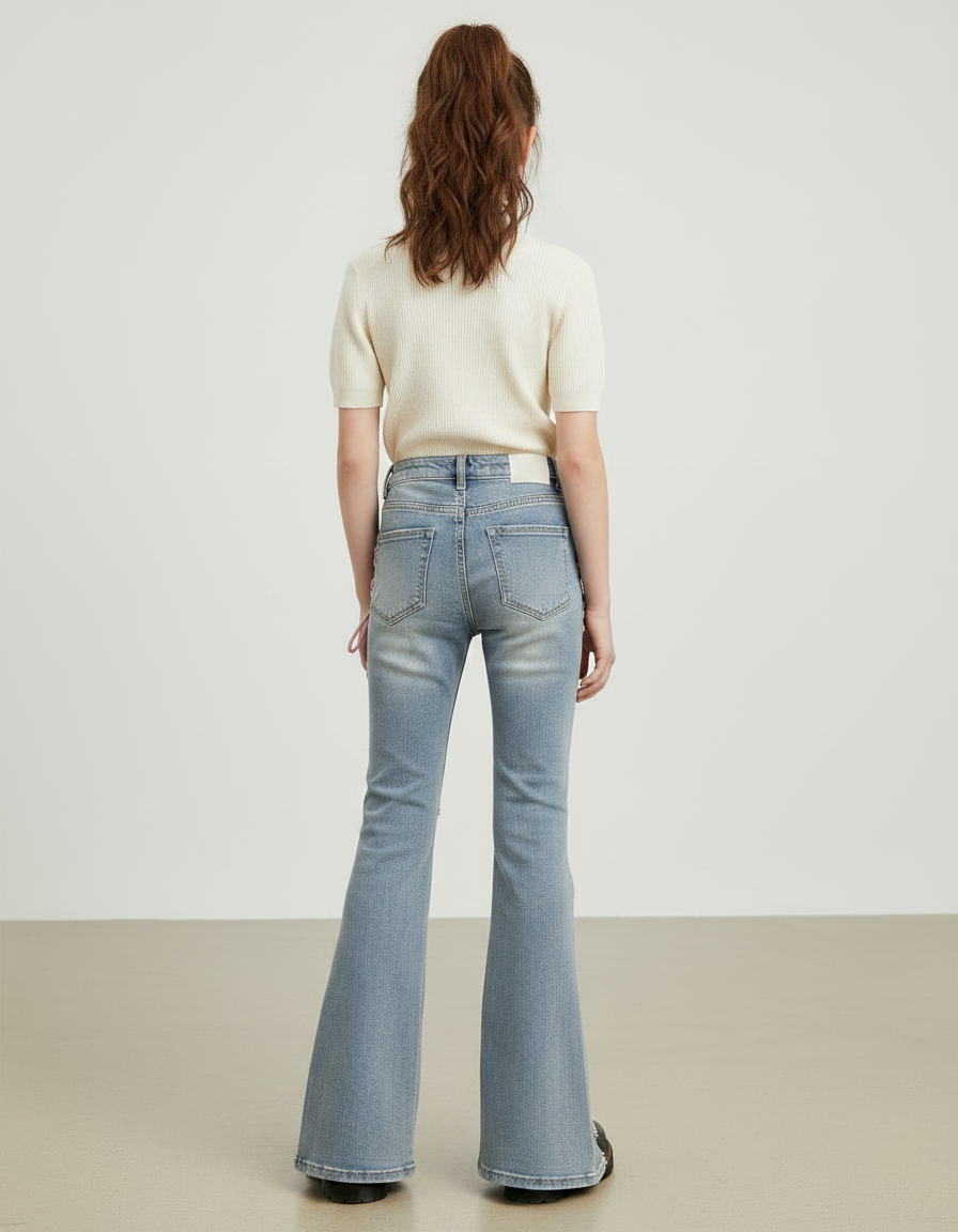 Pantalon Patte D'Éléphant Jean Évasé Lacets Roses Y2K - Bleu - vue 2
