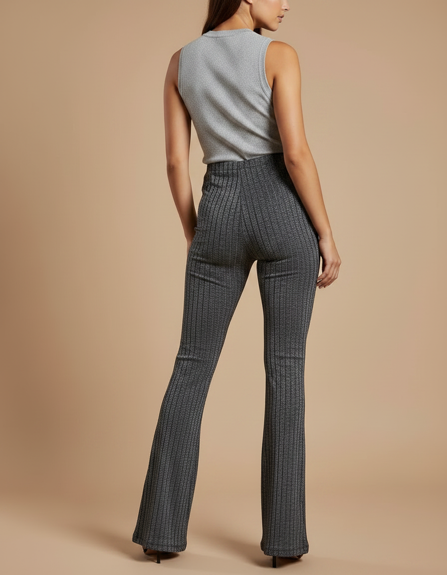 Pantalon Patte D'Éléphant Gris Côtelé Brillant Taille Haute Ajusté - Maille - vue 2