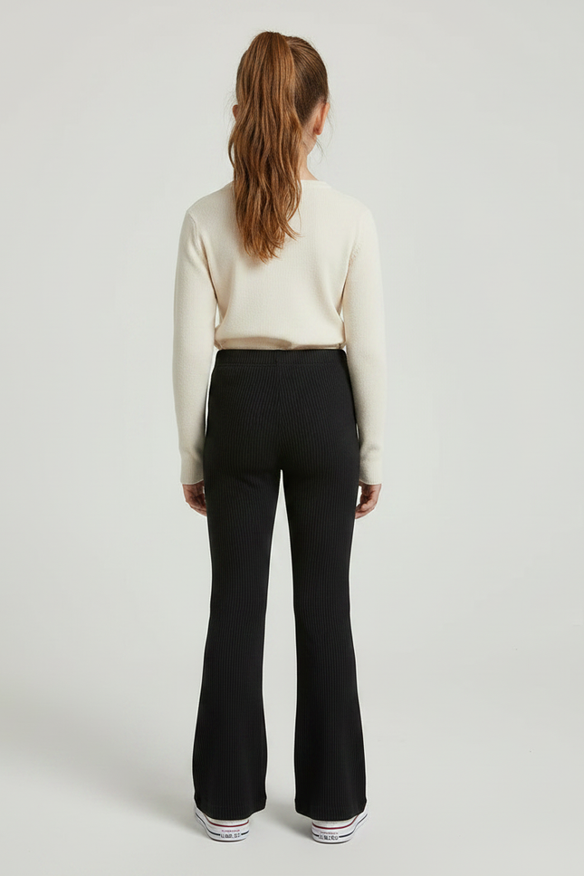 Pantalon Patte D'Éléphant Noir Côtelé Confortable Élastique Fille - Maille - vue 2