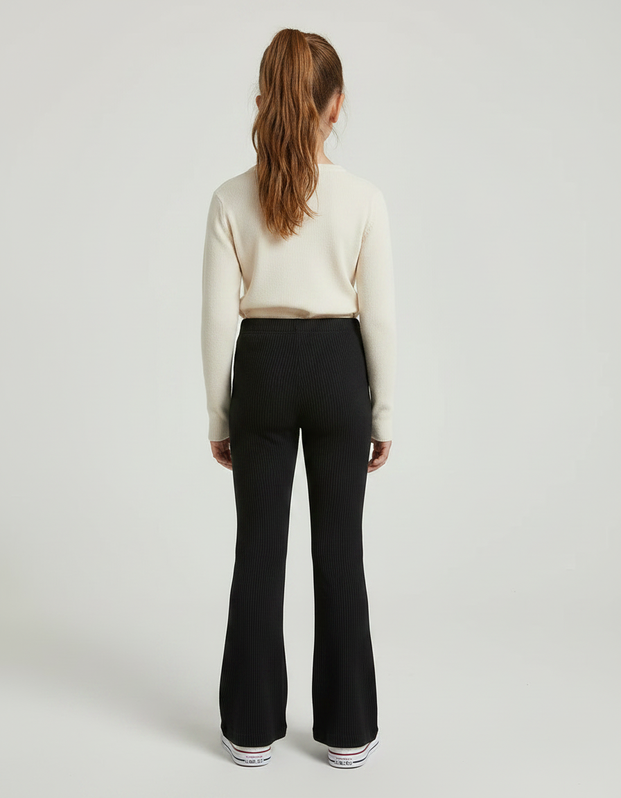 Pantalon Patte D'Éléphant Noir Côtelé Confortable Élastique Fille - Maille - vue 2