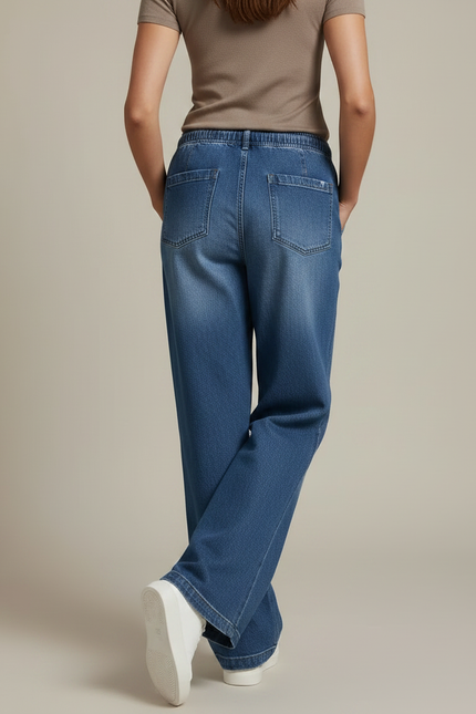 Pantalon Patte D'Éléphant Bleu Jean Cordon Taille Haute Décontracté - vue 2