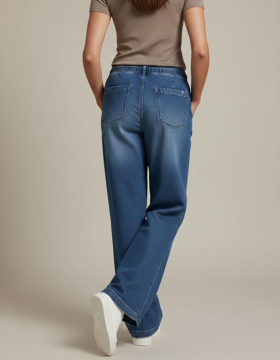 Pantalon Patte D'Éléphant Bleu Jean Cordon Taille Haute Décontracté - vue 2