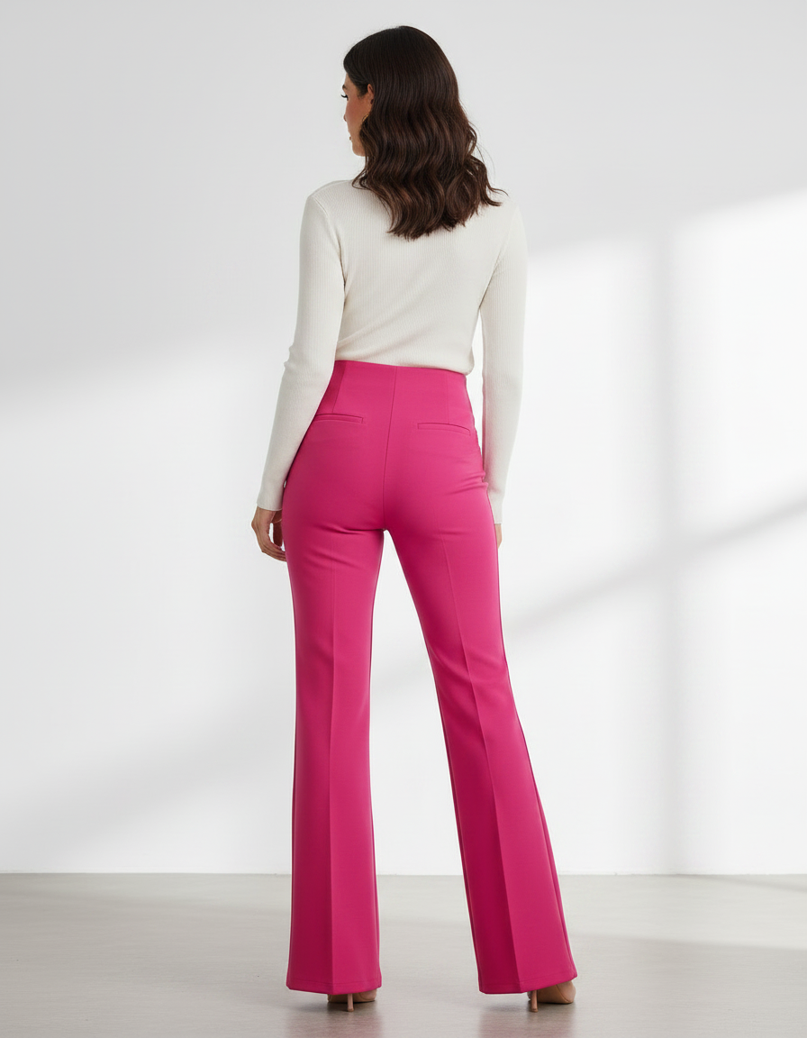 Pantalon Patte D'Éléphant Fuschia Taille Haute Boutons Dorés - Rose Polyester - vue 2