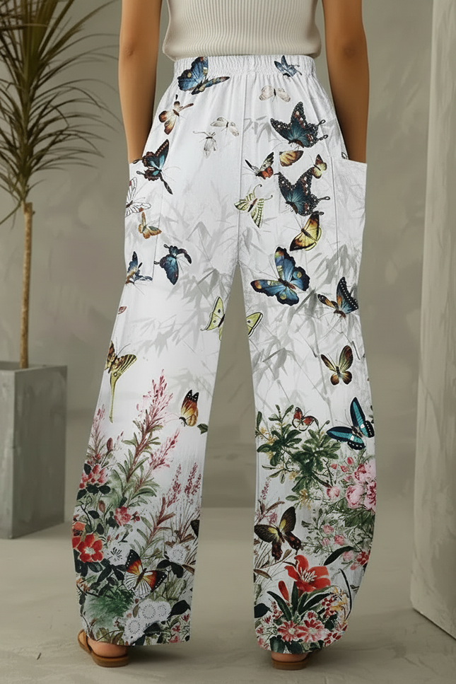 Pantalon Patte D'Éléphant Fluide Imprimé Papillon Floral Blanc - Viscose - vue 2