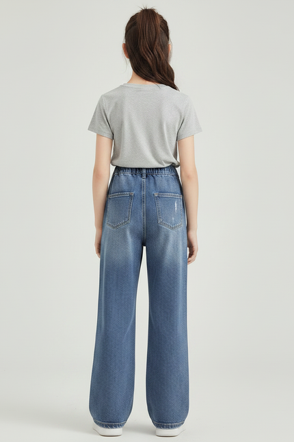 Pantalon Patte D'Éléphant Denim Large Déchiré Fille - Bleu Jean - vue 2