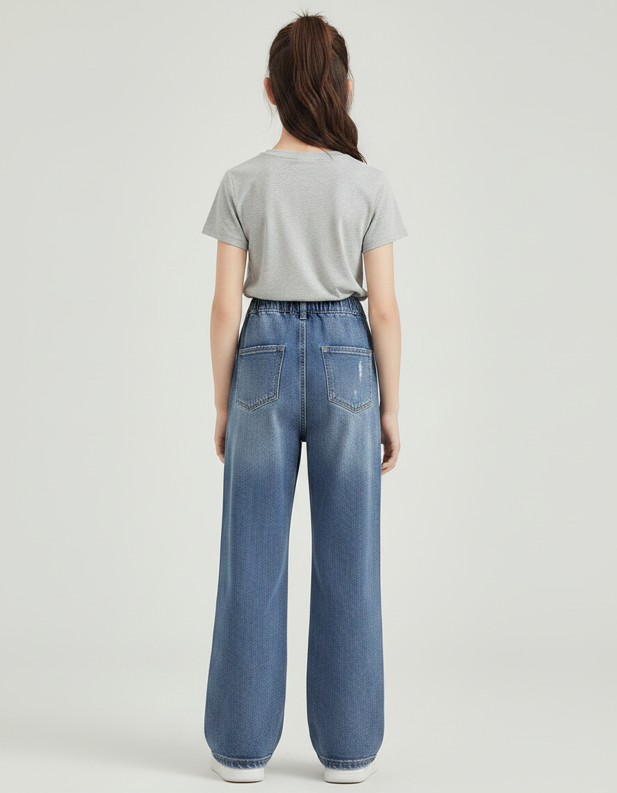 Pantalon Patte D'Éléphant Denim Large Déchiré Fille - Bleu Jean - vue 2