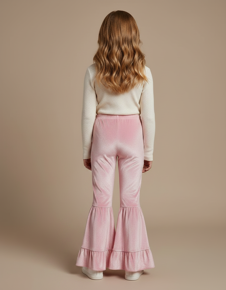 Pantalon Patte D'Éléphant Rose Velours Brillant Évasé Enfant - vue 2