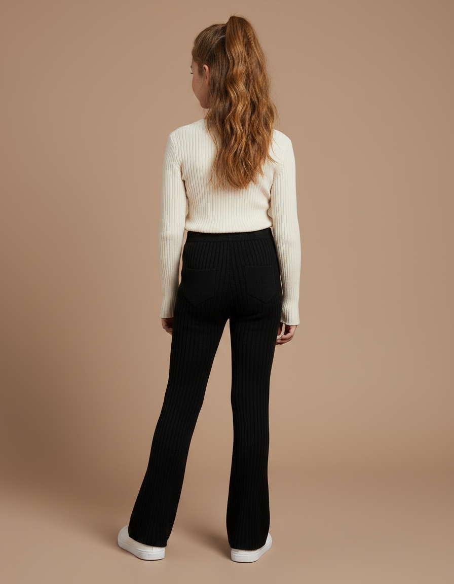 Pantalon Patte D'Éléphant Côtelé Noir Évasé Enfant - Maille - vue 2