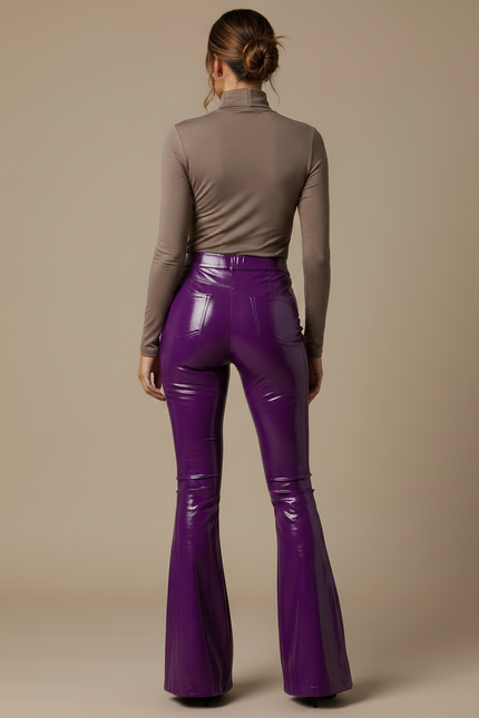 Pantalon Patte D'Éléphant Violet Brillant Similicuir Taille Haute - Simili cuir - vue 2