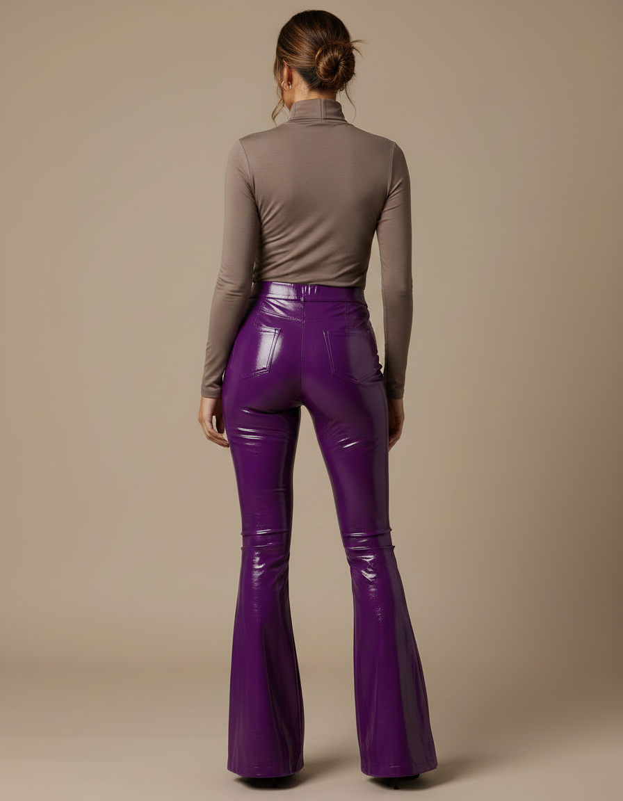 Pantalon Patte D'Éléphant Violet Brillant Similicuir Taille Haute - Simili cuir - vue 2
