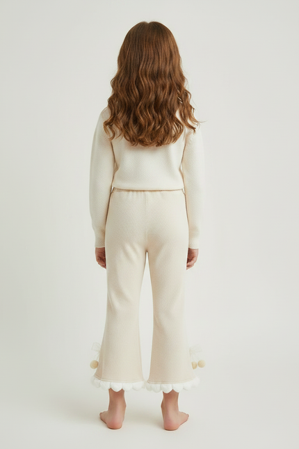 Pantalon Patte D'Éléphant Crème Tricot Pompons Fille Confortable - Beige Maille - vue 2