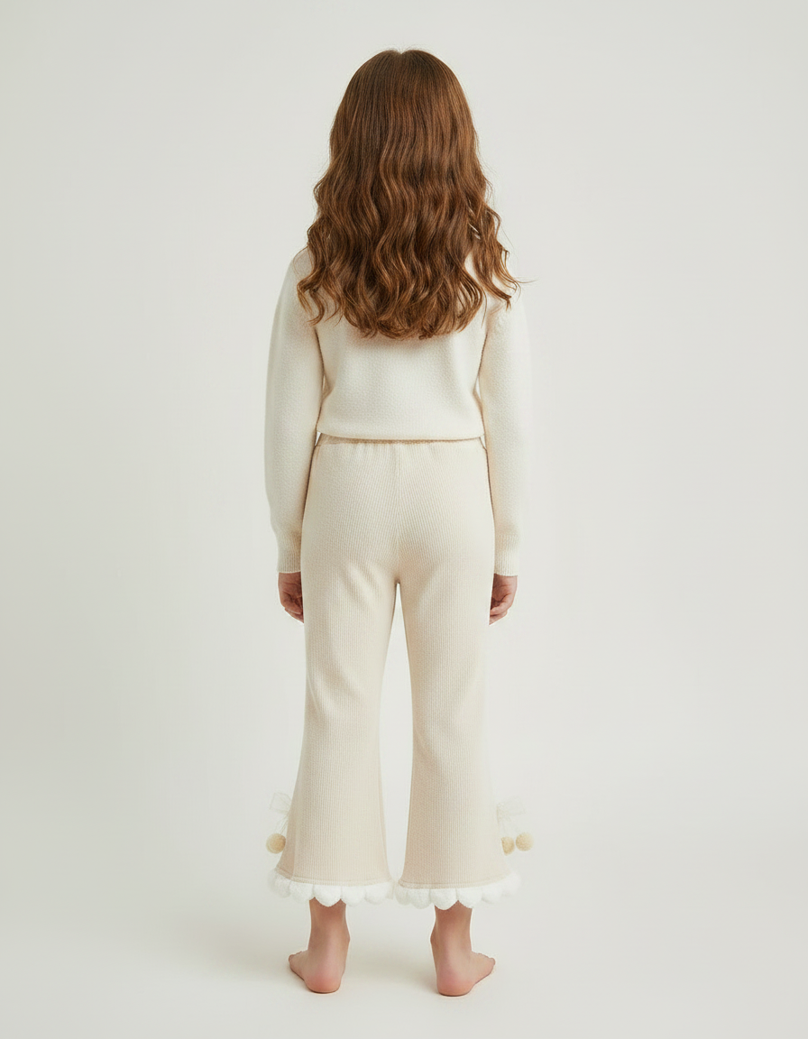 Pantalon Patte D'Éléphant Crème Tricot Pompons Fille Confortable - Beige Maille - vue 2