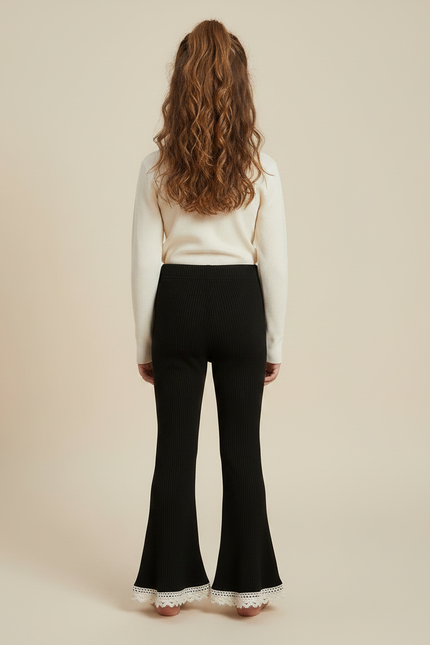 Pantalon Patte D'Éléphant Noir Côtelé Évasé Dentelle Fille - Maille - vue 2