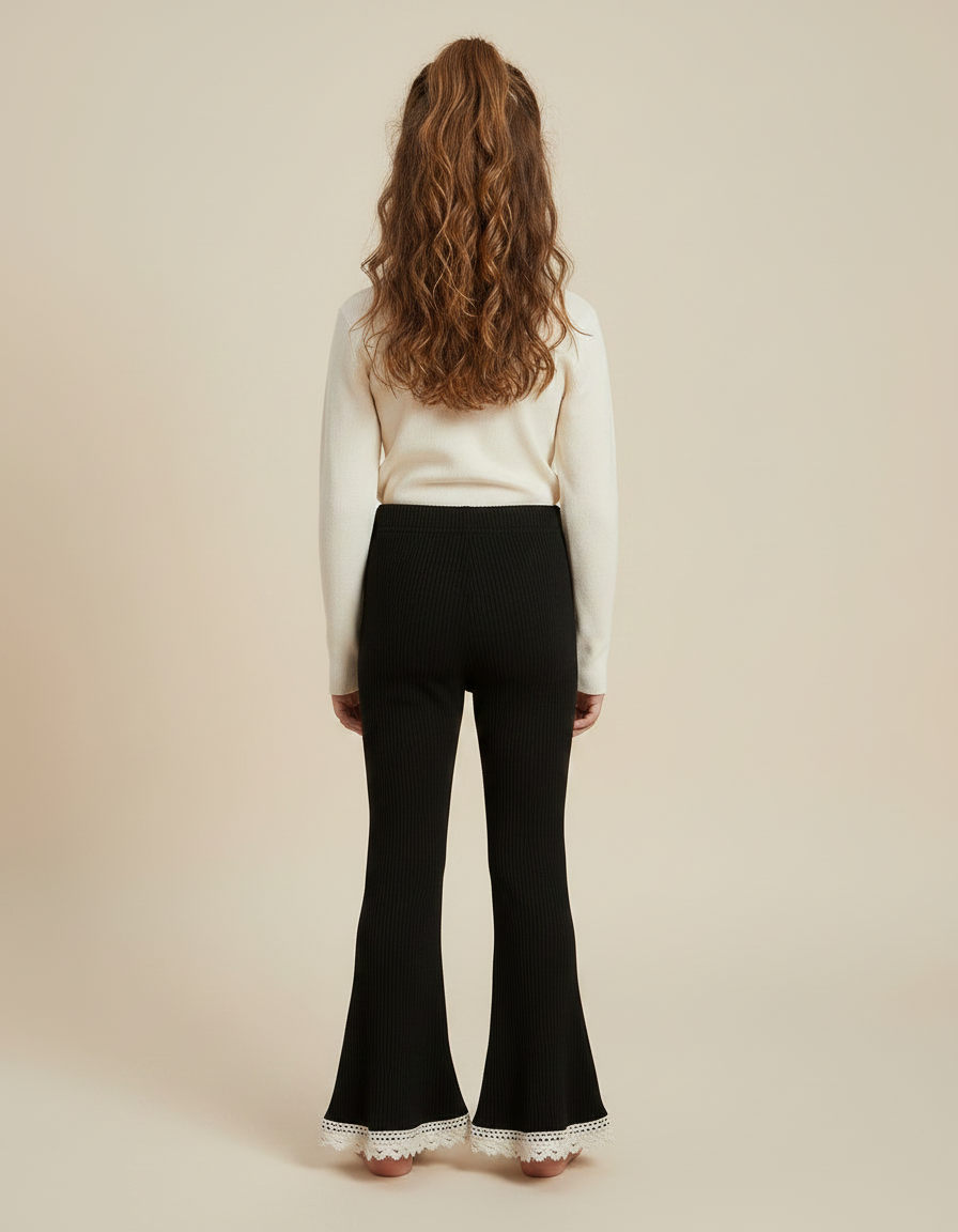 Pantalon Patte D'Éléphant Noir Côtelé Évasé Dentelle Fille - Maille - vue 2