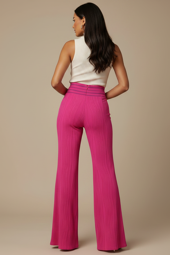 Pantalon Patte D'Éléphant Fuchsia Texturé Taille Haute Élégant - Rose Maille - vue 2
