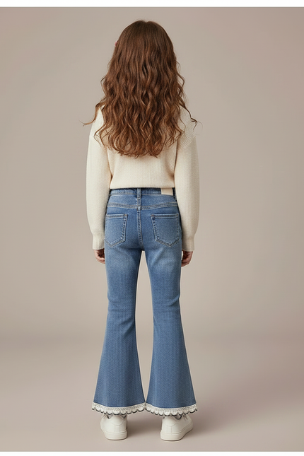 Pantalon Patte D'Éléphant Denim Bleu Clair Évasé Dentelle Fille - Jean - vue 2