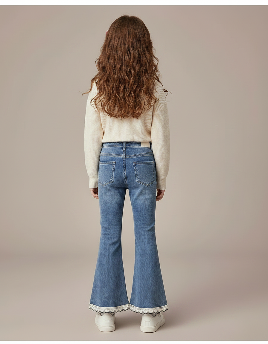 Pantalon Patte D'Éléphant Denim Bleu Clair Évasé Dentelle Fille - Jean - vue 2
