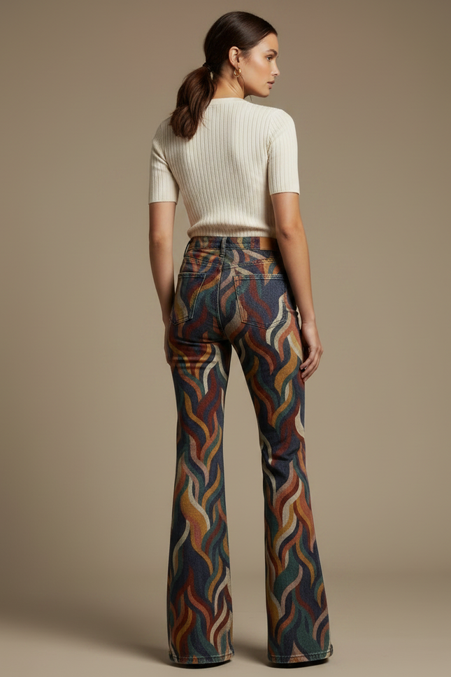 Pantalon Patte D'Éléphant Imprimé Ondulé Multicolore Vintage Taille Haute - Jean - vue 2