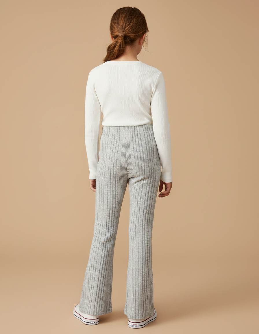 Pantalon Patte D'Éléphant Gris Côtelé Tricoté Confortable Fille - Maille - vue 2