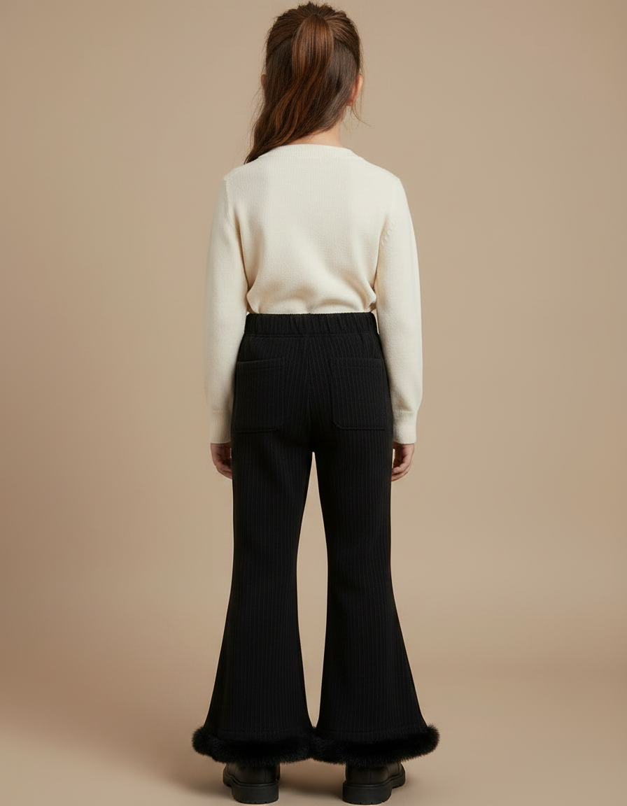 Pantalon Patte D'Éléphant Noir Côtelé Fourrure Chaud Fille - Cordé - vue 2