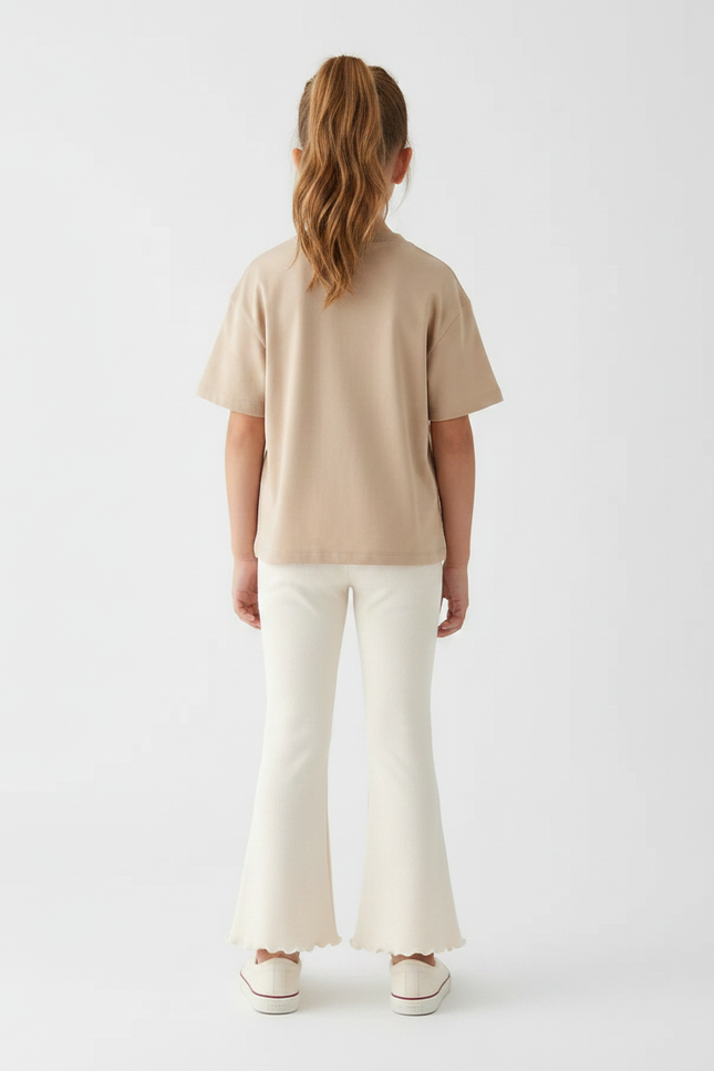 Pantalon Patte D'Éléphant Écru Côtelé Évasé Fille Confortable - Beige Maille - vue 2