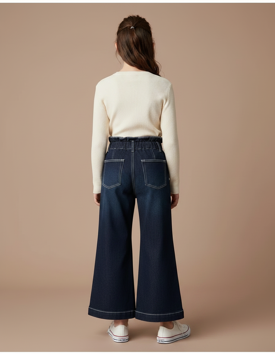 Pantalon Patte D'Éléphant Denim Foncé Évasé Fille Chic - Marine Jean - vue 2