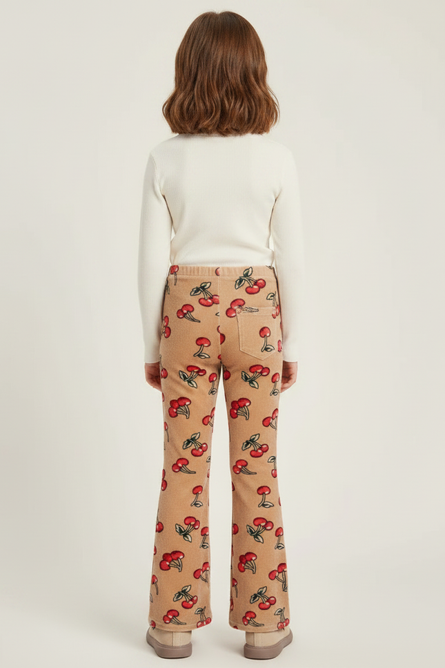 Pantalon Patte D'Éléphant Velours Cerises Imprimé Hiver Enfant - Beige - vue 2
