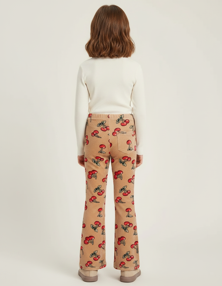 Pantalon Patte D'Éléphant Velours Cerises Imprimé Hiver Enfant - Beige - vue 2