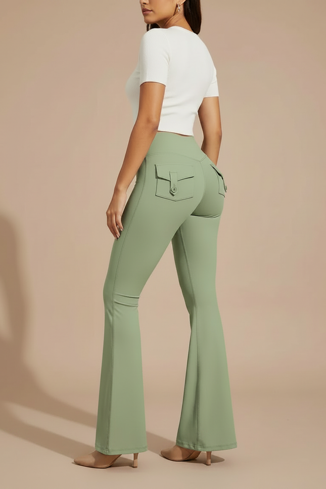 Pantalon Patte D'Éléphant Vert Kaki Évasé Taille Haute Poches - Polyester - vue 2