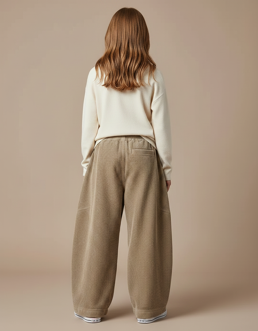Pantalon Patte D'Éléphant Velours Côtelé Marron Ample Décontracté Enfant - Cordé - vue 2
