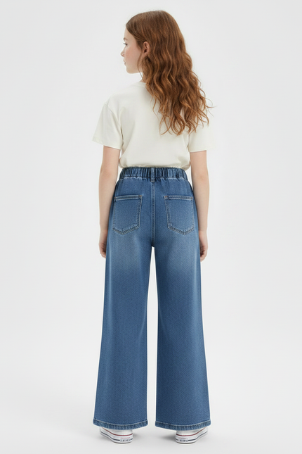 Pantalon Patte D'Éléphant Denim Large Élastiqué Confortable Fille - Bleu Jean - vue 2