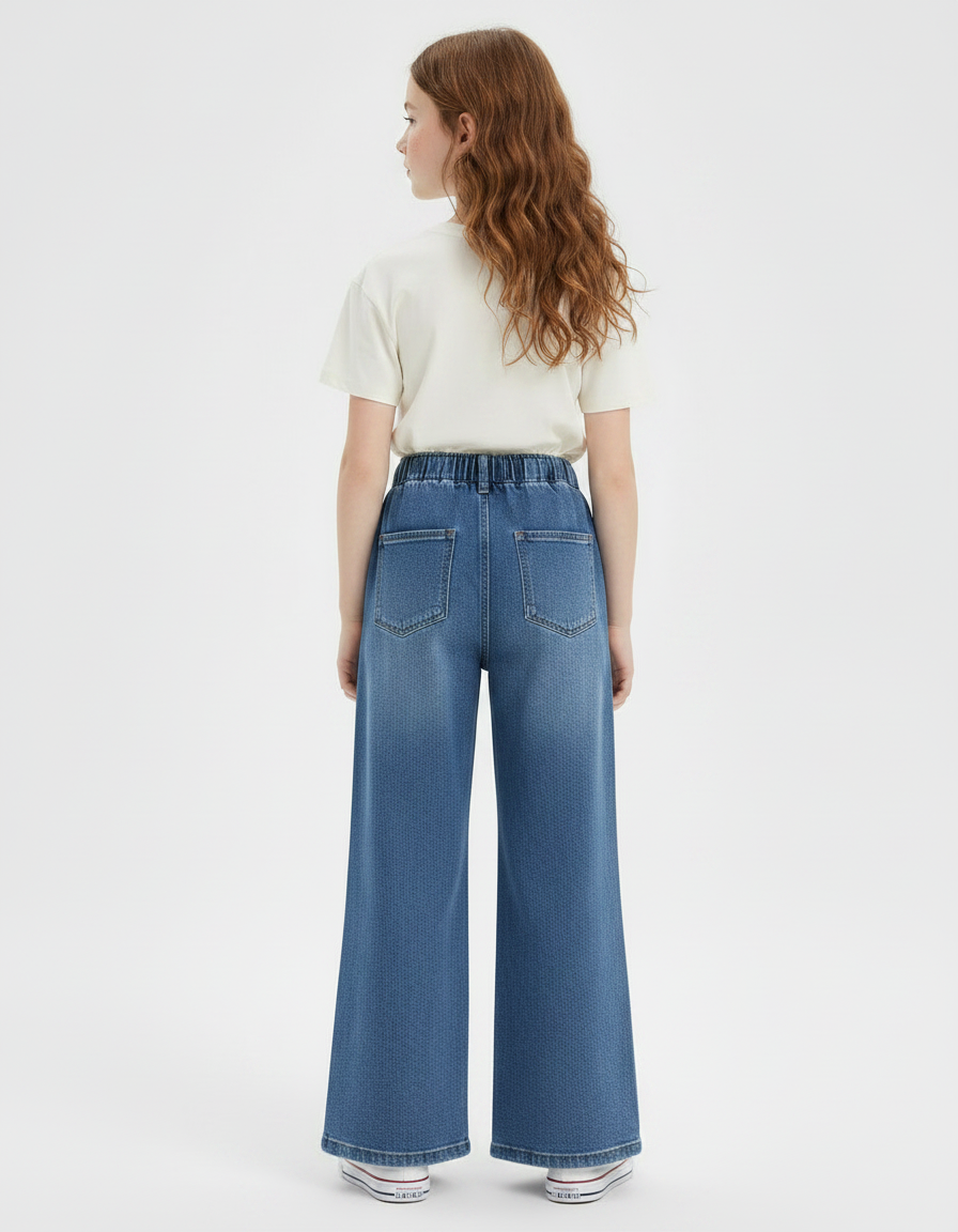 Pantalon Patte D'Éléphant Denim Large Élastiqué Confortable Fille - Bleu Jean - vue 2