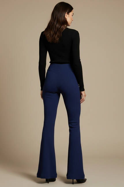 Pantalon Patte D'Éléphant Bleu Marine Côtelé Évasé Taille Haute - Maille - vue 2