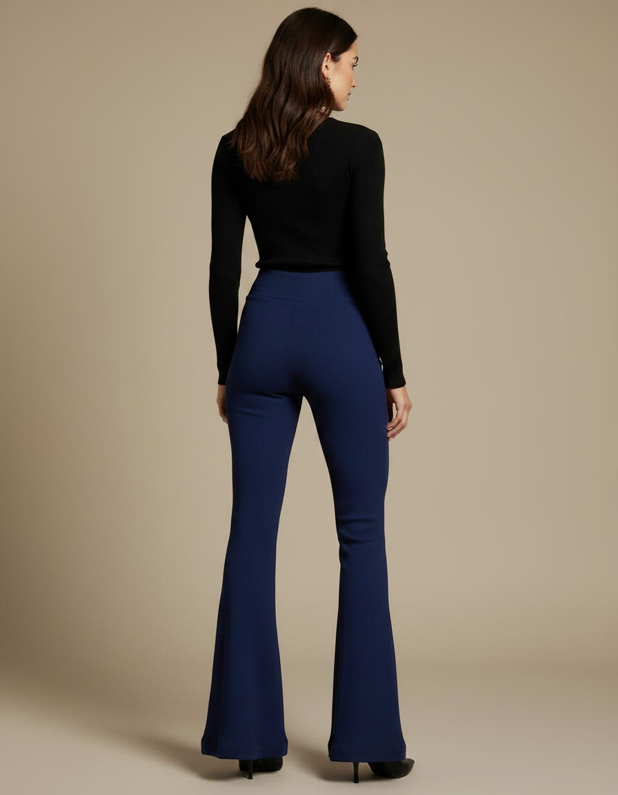 Pantalon Patte D'Éléphant Bleu Marine Côtelé Évasé Taille Haute - Maille - vue 2