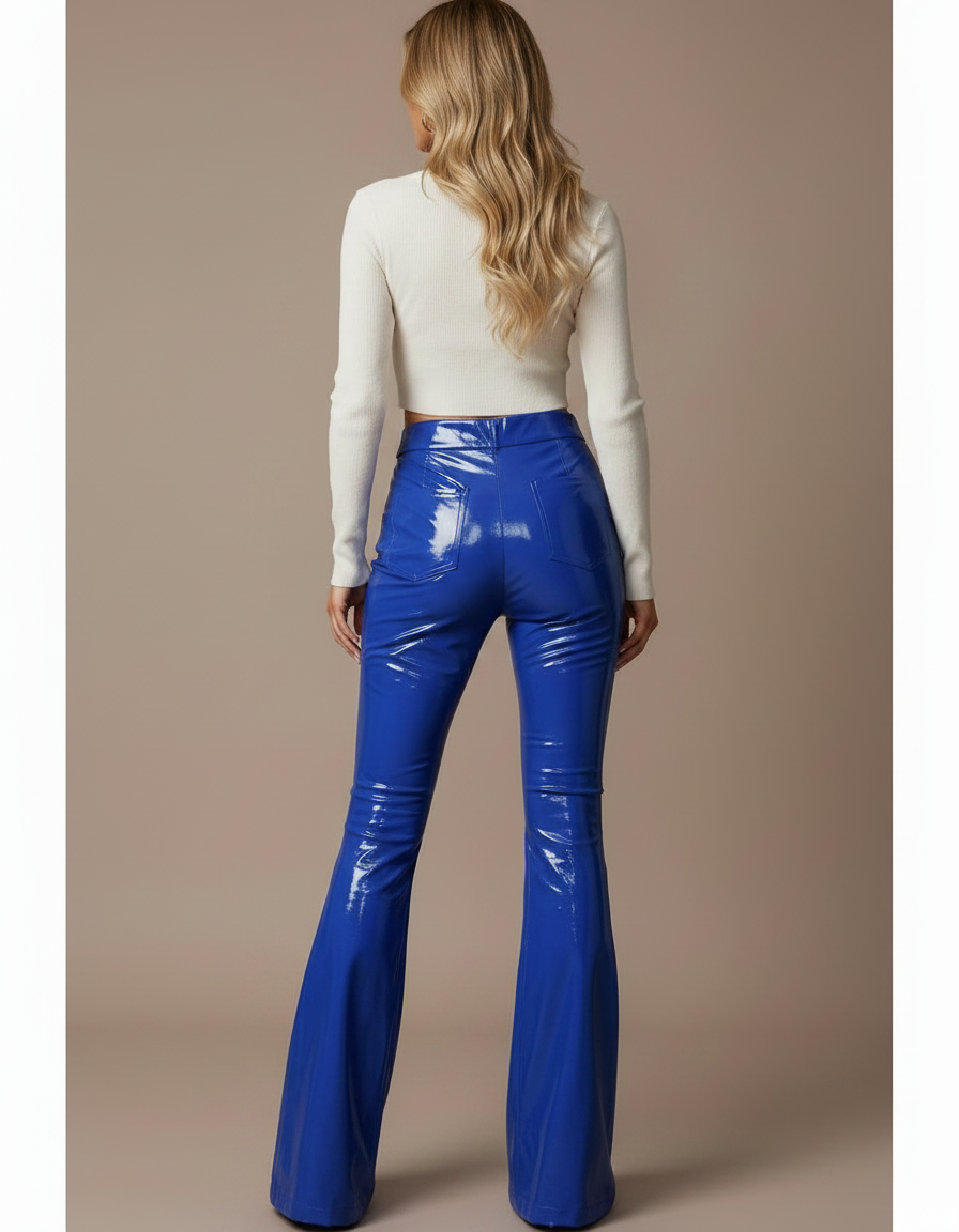 Pantalon Patte D'Éléphant Bleu Brillant Similicuir Taille Haute Évasé - Simili cuir - vue 2