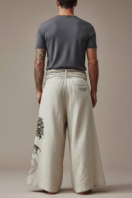 Pantalon Patte D'Éléphant Lin Brodé Arbre Celtique Ample - Beige - vue 2
