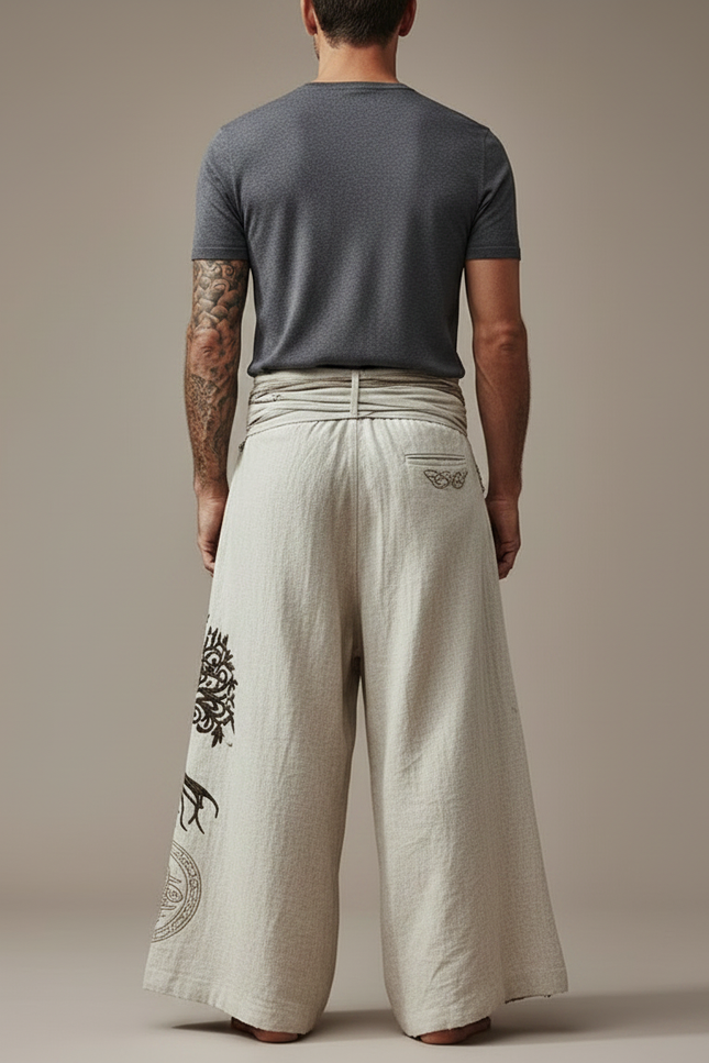 Pantalon Patte D'Éléphant Lin Brodé Arbre Celtique Ample - Beige - vue 2