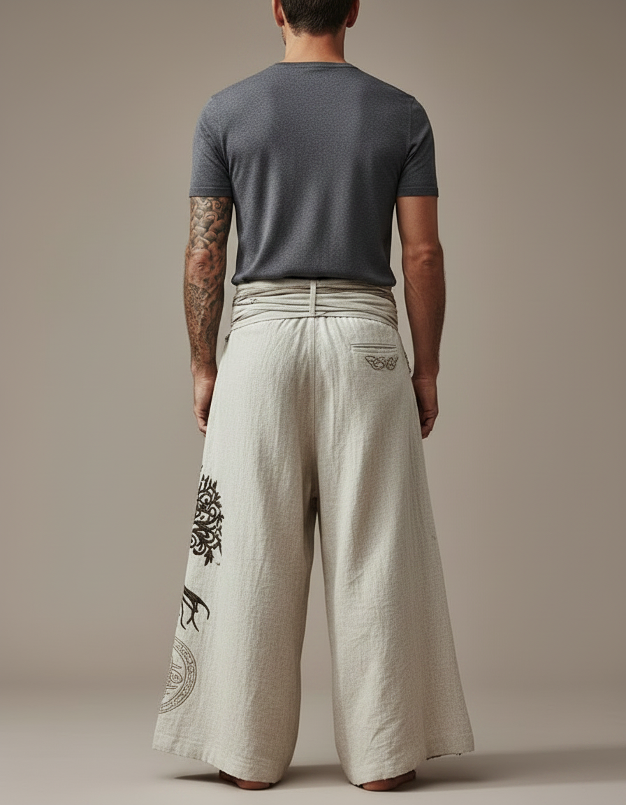 Pantalon Patte D'Éléphant Lin Brodé Arbre Celtique Ample - Beige - vue 2