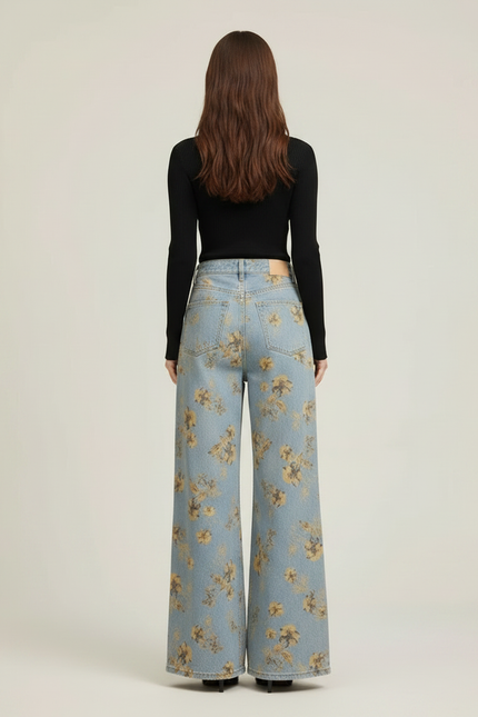 Pantalon Patte D'Éléphant Évasé Bleu Fleuri Vintage Taille Haute - Imprimé Jean - vue 2