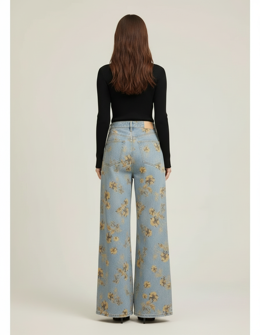 Pantalon Patte D'Éléphant Évasé Bleu Fleuri Vintage Taille Haute - Imprimé Jean - vue 2