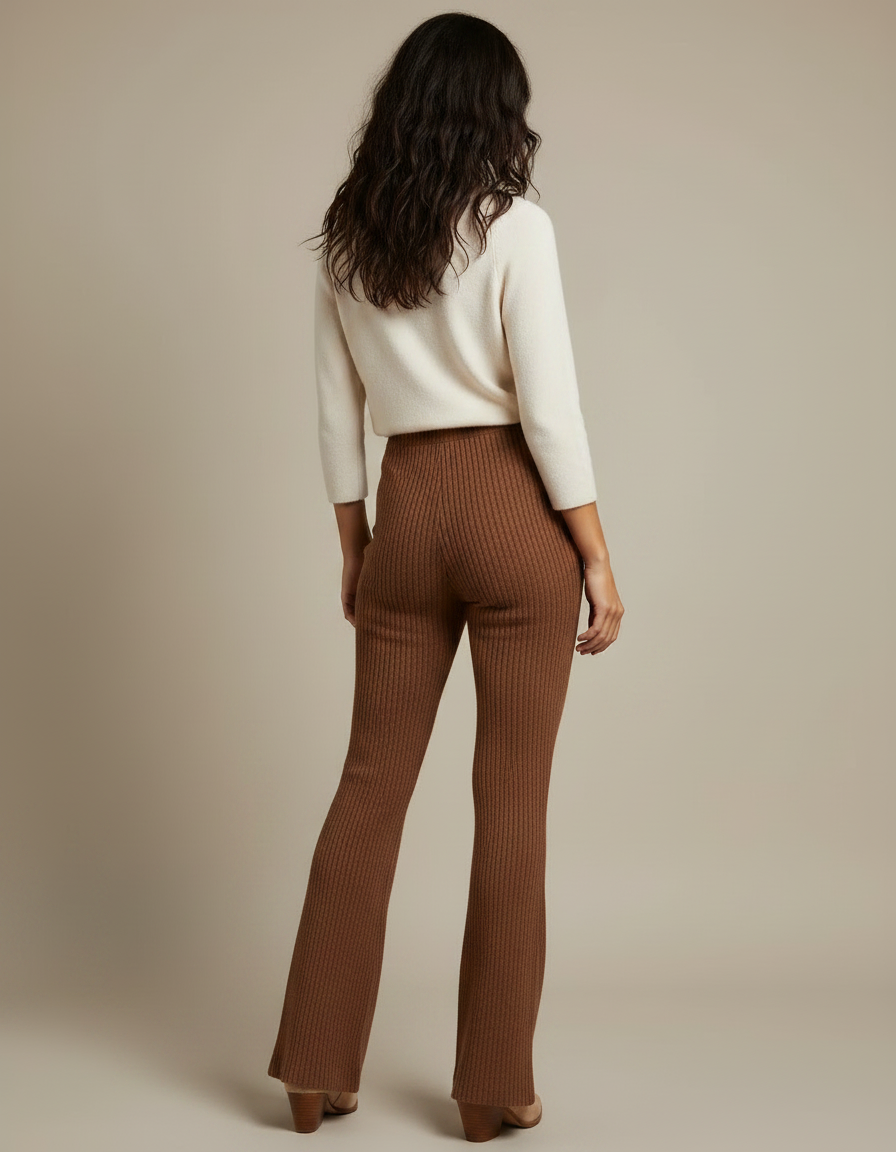 Pantalon Patte D'Éléphant Marron Côtelé Tricoté Confortable Femme - Maille - vue 2